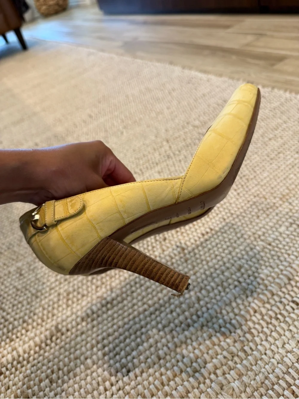 Sergio Rossi Yellow Croc-Embossed Peep-Toe Pumps